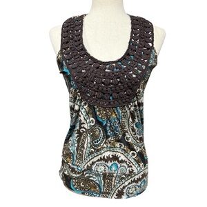 Y2K Vintage Crochet Front Tank Top Medium Brown Turquoise Paisley Racer Back